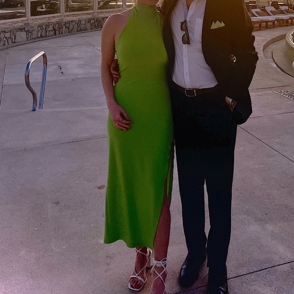 Revolve Norma Kamali Halter Turtle Neck Side Slit Green Dress Size S - Picture 2 of 3